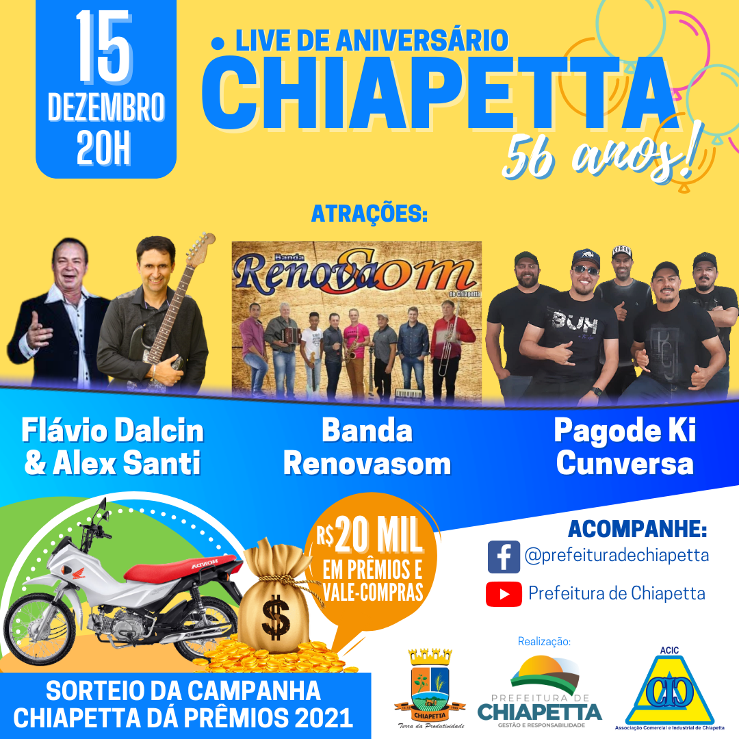 Chiapetta celebrará os 56 anos com transmissão de live
