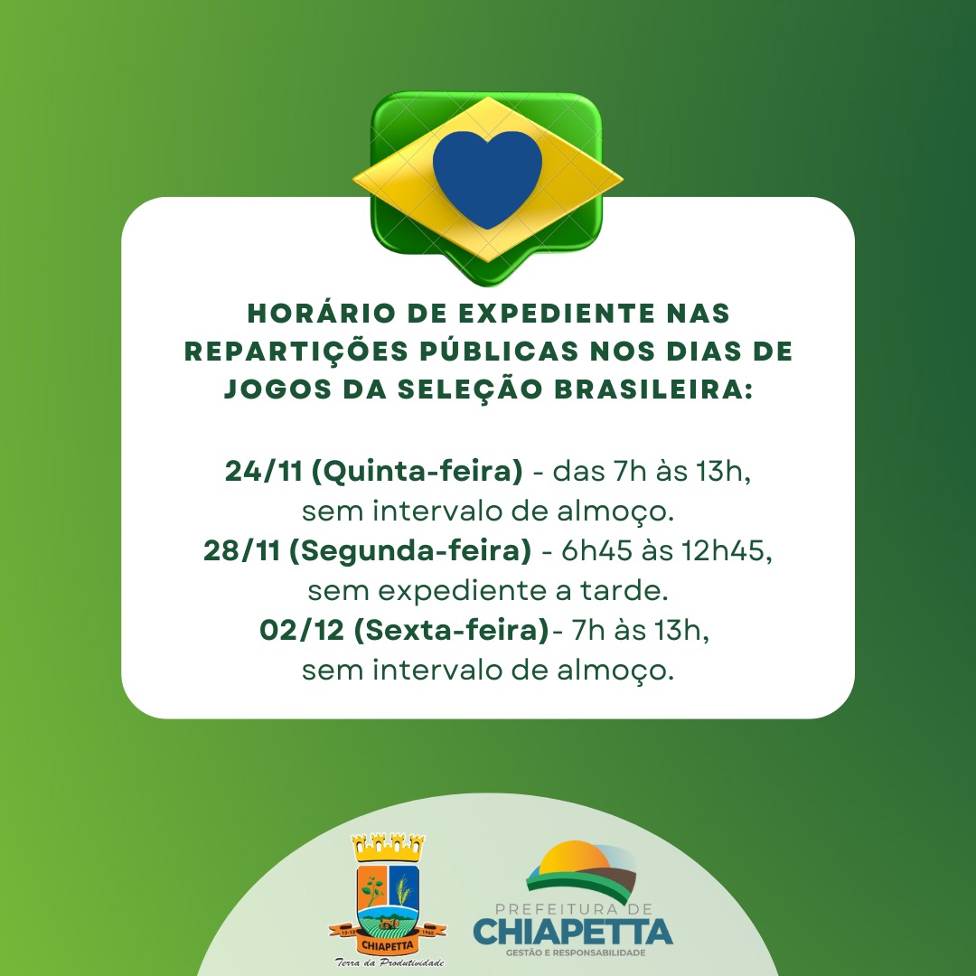 Horário de funcionamento da Prefeitura será alterado durante jogos do Brasil na Copa do Mundo de 2022